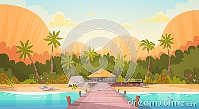 Tropical Beach With Water Bungalow House Landscape, Summer Travel Vacation Concept Vector Illustration