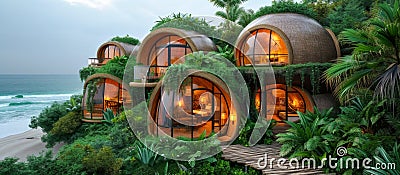 Tropical Beachfront Geo-Domes on a beachfront. Eco-friendly igloo hotel Stock Photo