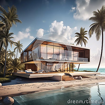 Tropical beachfront house two levels glass facade Stock Photo