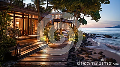 Tropical Beachfront Villa at Sunset with Illuminated Pathway. Generative ai Cartoon Illustration