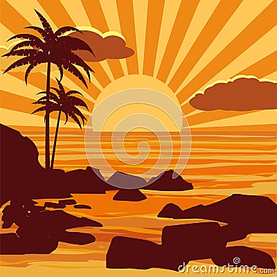 Tropical beautiful sunset, landscape, palms, sea, stones, vector, cartoon style, illustration isolated Vector Illustration