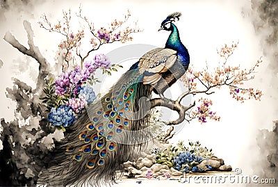 Tropical bird, colorful peacock, printable digital watercolor painting Stock Photo