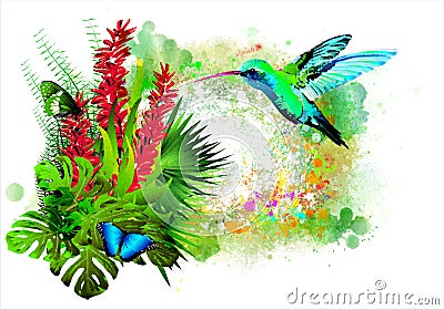 Tropical bird with flowers. Stock Photo