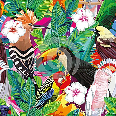 Tropical bird leaves seamless background Vector Illustration