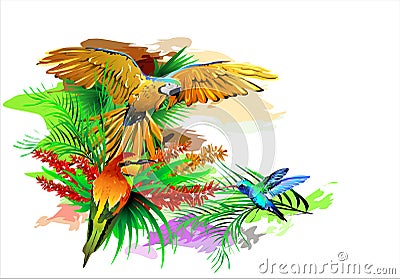 Tropical birds on an abstract background. Vector Illustration