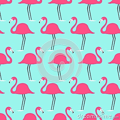 Tropical birds flamingo on a turquoise background. Seamless pattern. Vector Illustration