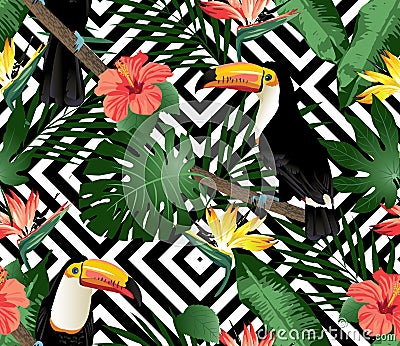 Tropical birds, orchids and palm leaves seamless background. Vector Illustration