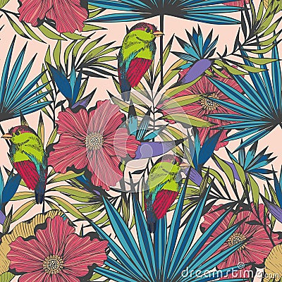 Tropical birds and plants. Vector seamless hand made pattern Vector Illustration