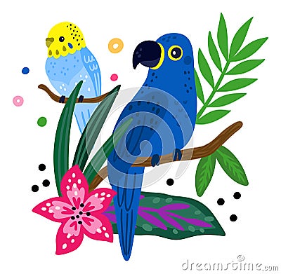 Tropical birds poster. Bright parrot and jungle plants. Funny rainforest creature. Hibiscus flowers. Flying feathered Vector Illustration