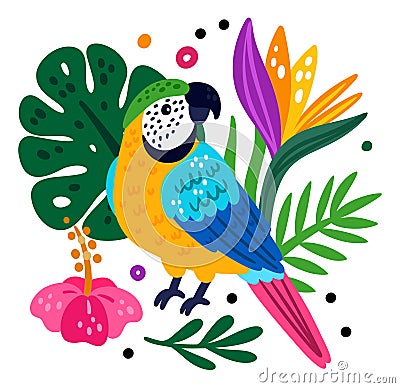 Tropical birds poster. Funny rainforest creature. Parrot and jungle plants. Exotic hibiscus flowers. Feathered animal Vector Illustration