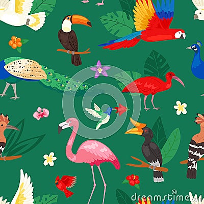 Tropical birds vector exotic parrot or flamingo and peacock with palm leaves illustration set of fashion birdie ibis or Vector Illustration