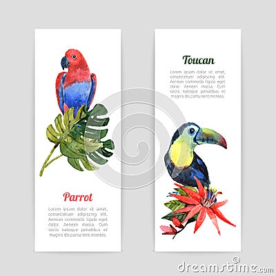 Tropical birds watercolor banners set Vector Illustration