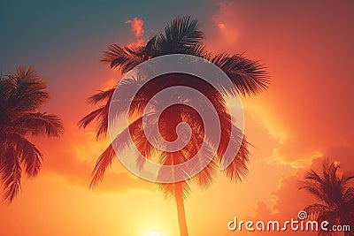 Tropical bliss palm trees silhouette against a stunning orange backdrop Stock Photo