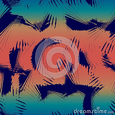 Tropical blue foliage on ombre sunset gradient Cartoon Illustration