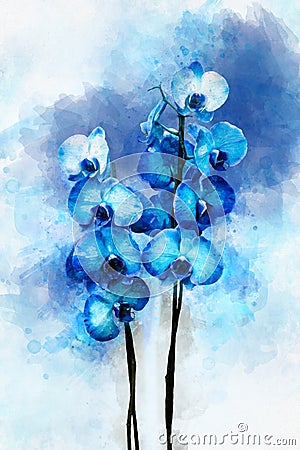 Tropical blue Orchid plant with blue flowers and green leaves. Watercolor drawing. Floral illustration Cartoon Illustration