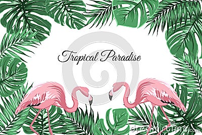 Tropical border frame green leaves pink flamingos Vector Illustration