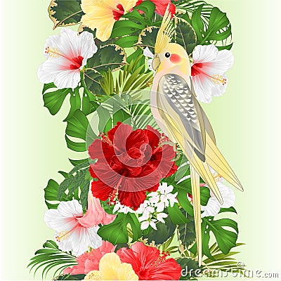 Tropical border seamless background Yellow cockatiel tropical bird parrot watercolor with tropical flowers floral arrangement Vector Illustration