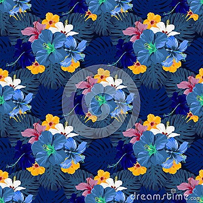 Tropical botanical Hibiscus blue cool tone design for illustration seamless pattern with white background Cartoon Illustration