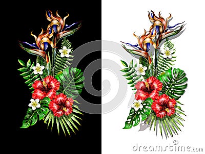 Tropical bouquet with heliconia, strelicia and hibiscus flowers and tropical leaves. Vector Illustration