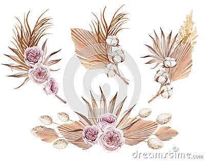 tropical bouquets with dry leaves and herbs, rosses boho palm leaves and pampas grass isolated on white background Cartoon Illustration