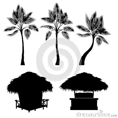 Tropical bungalow and palm,vector set Vector Illustration