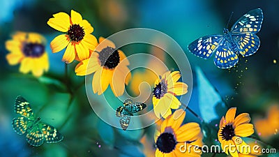 Tropical butterflies and yellow bright summer flowers on a background of colorful foliage in a fairy garden. Stock Photo