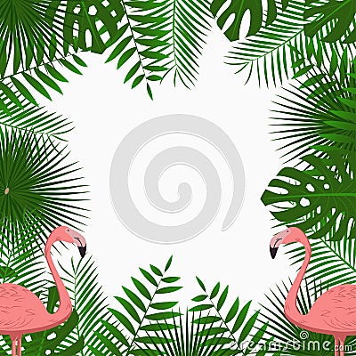 Tropical card, poster or banner template with jungle palm tree leaves and pink flamingo birds. Exotic background. Vector. Vector Illustration