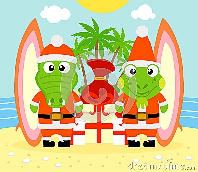 Tropical Christmas background with alligator and iguana Vector Illustration