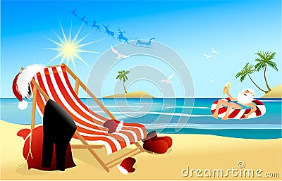 Tropical Christmas background with relaxing Santa Claus Vector Illustration