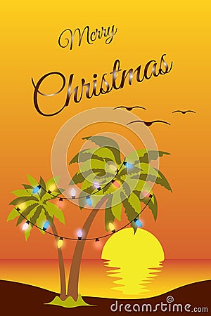 Tropical Christmas summer beach and palm tree with a garland on a background of a sea and red sunset. Reflection of a sun in a Vector Illustration