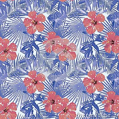 Tropical winter red hibiscus cold blue palm leaves seamless with Vector Illustration