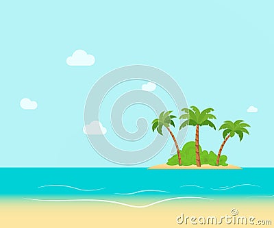 Tropical coast, beach with hang palm trees. View of the Sea, the island green and the sky with large clouds. Flat vector Vector Illustration