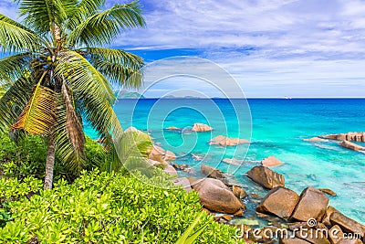 Tropical coast of La Digue, Seychelles - paradise destination for vacation Stock Photo