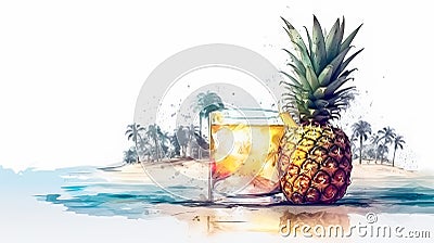Tropical cocktail. Colorful watercolor painting of pineapple, fresh drink and tropical ocean beach. Concept of freshness Cartoon Illustration