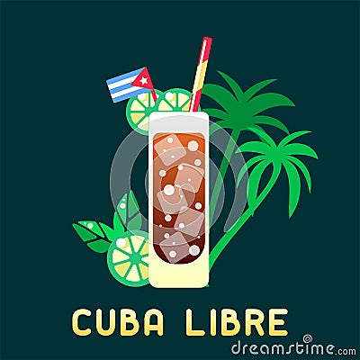 Tropical cocktail cuba libre with decorations and name Vector Illustration