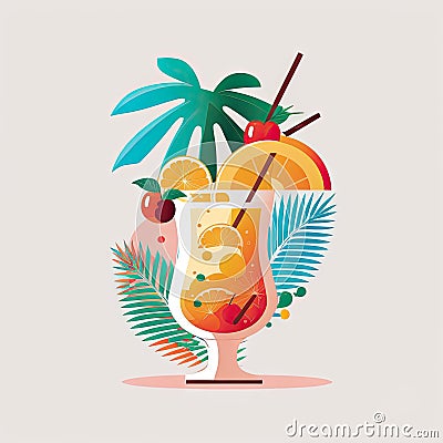 Tropical cocktail with fruits AI generative illustration Cartoon Illustration