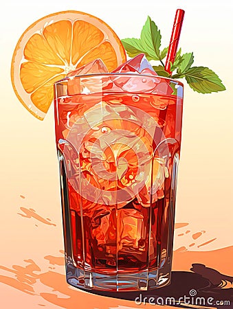 Tropical cocktail with ice cubes and orange slice modern illustration. Refreshing cool summer drink in the glass with fresh mint Cartoon Illustration