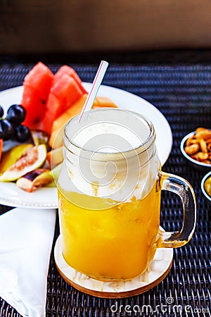 Tropical cocktail, mocktail, juice, refreshing drink from passion fruits. Stock Photo