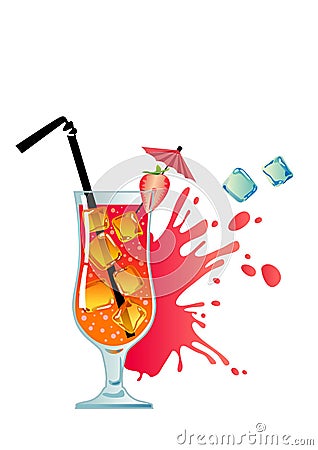 Tropical cocktail with strawberry and ice. Vector Illustration