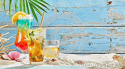 Tropical cocktails in beach decorations Stock Photo