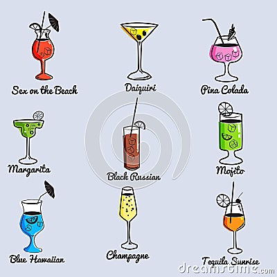 Tropical cocktails, juice, wine and champagne glass set. Vector doodle illustration. Various isolated cocktail glass Vector Illustration