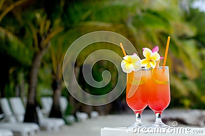 Tropical cocktails served outdoor in Aitutaki Lagoon Cook Island Stock Photo