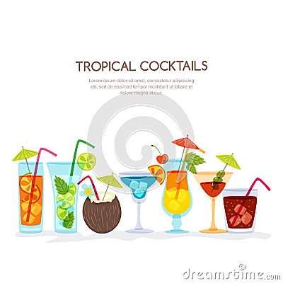Tropical cocktails set, hand drawn illustration. Various cocktail glass with beverages. Vector Illustration
