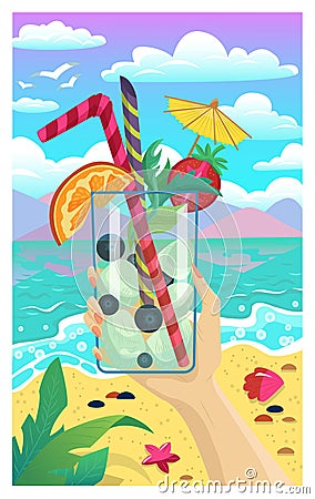 Vector cartoon illustration with a hand of woman holding glass of fruit cocktail drink Vector Illustration