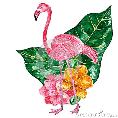Tropical collage with leaves, flowers and pink flamingo Cartoon Illustration