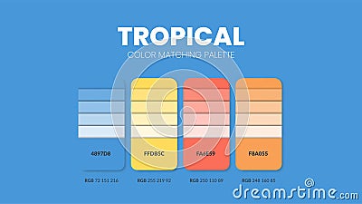 Tropical color guide book cards samples. Color theme palettes or color schemes collection. Colour combinations in RGB or HEX. Set Vector Illustration