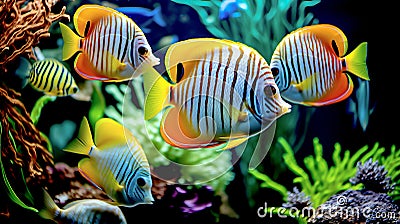 Tropical colorful fish in an aquarium with seaweed. Stock Photo