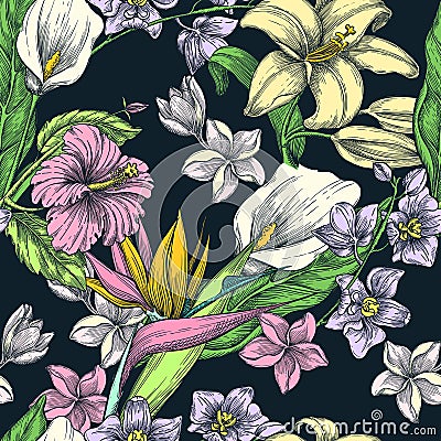 Tropical flowers seamless vector pattern. Sketch hand drawn illustration. Fashion textile print or floral background Vector Illustration