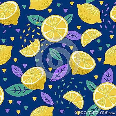 Tropical vivid seamless pattern with fresh yellow Lemon fruit. Fashion clothing design, food print. Vector citrus Vector Illustration