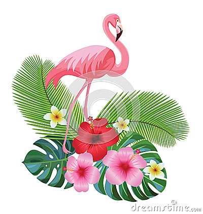 Tropical composition and flamingo. Vector illustration. Vector Illustration